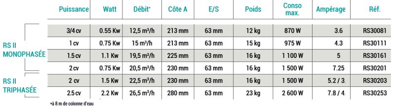 caracteristiques pompe Pentair RSII